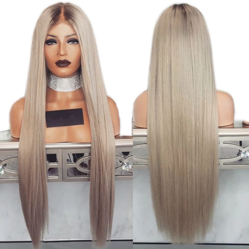 

Simbeauty Middle Part Straight Ombre Ash Blond Lace Front Human Hair Wigs #4T60 Brazilian Remy PrePlucked With Baby Hair