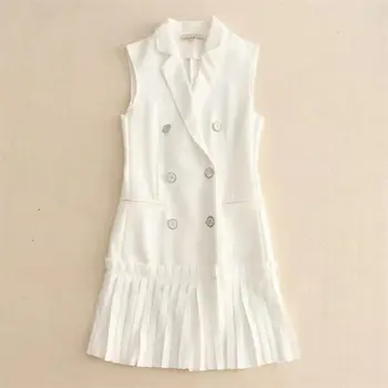 

Women Dresses 2018 High Quality Summer Runway Notched Short Sleeve White Elegant Double Breasted Pleated Office Dress NPD0821