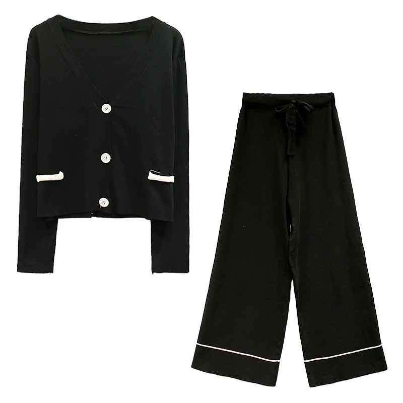 ALPHALMODA куртка с v-образным вырезом+ широкие брюки весенняя мода 2 шт. вязаный костюм женский удобный свитер кардиган брюки комплект