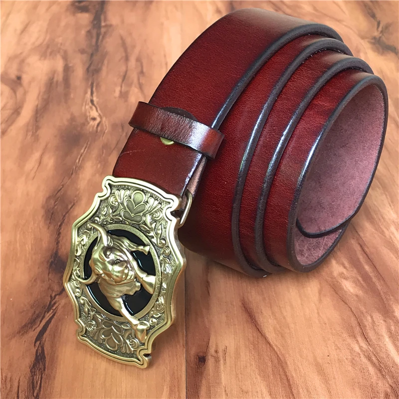 Cinturón de vaquero de toro de latón hebilla de cinturón de hombre cinturón de cuero genuino grueso hombres Ceinture Homme Cinturon Jeans correa de cintura MBT0524 - 4