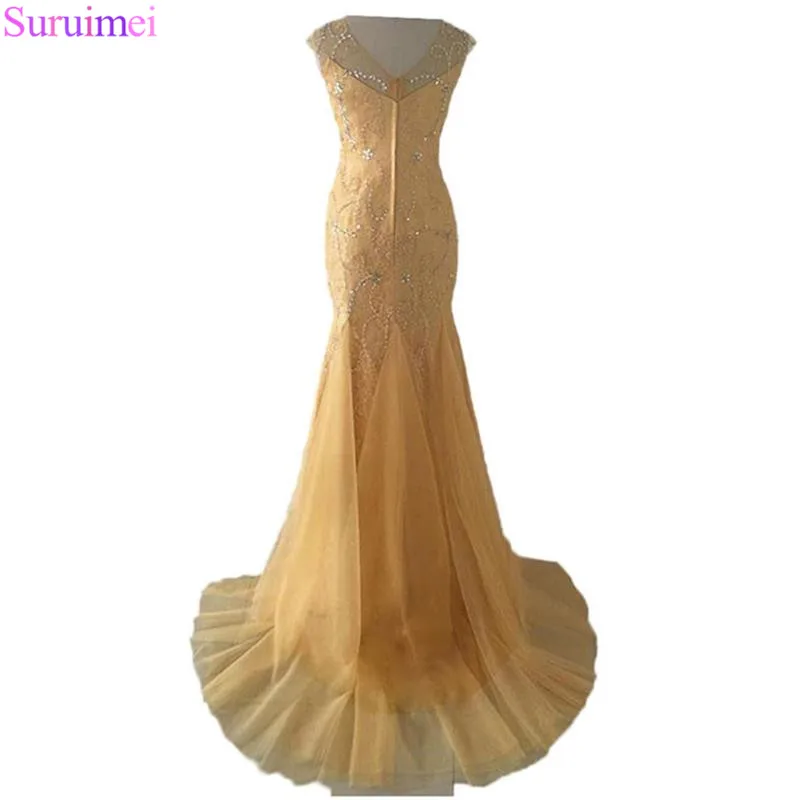 Изысканный Лидер продаж халат de Soiree Бисер Русалка Вечеринка платья высокое качество Тюль Золото вечернее платье