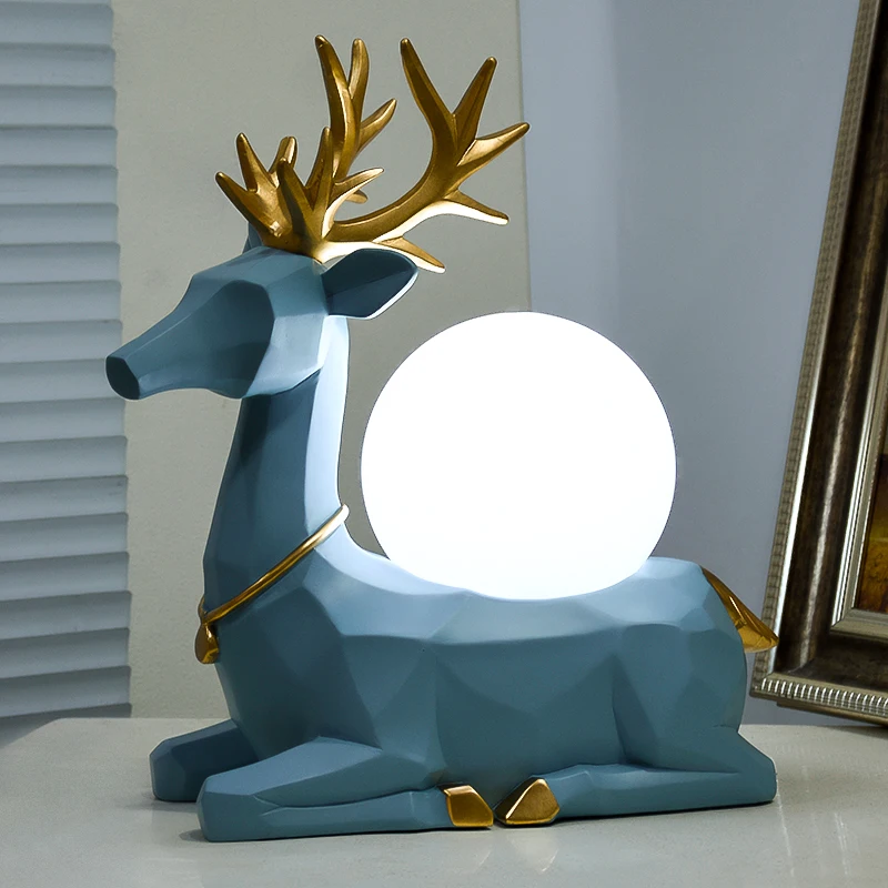 

Abstract Blue Deer Statue Resin Table Lamps Bedroom Living Room Led Night Light Home Decor Geometric Resin Lights Creative Gifts