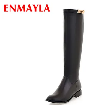 

ENMAYLA Knight Boots For Women Big Size 43 Round Toe Low Buckle Knee-High Boots Black Brown Winter Shoes Woman Brown Knee Boots