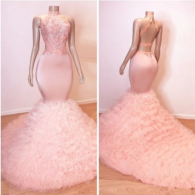 

African Tulle Ruffles Pink Prom Dresses Mermaid 2019 Sexy Halter Backless Elegant Women Prom Party Gowns For Black Girls