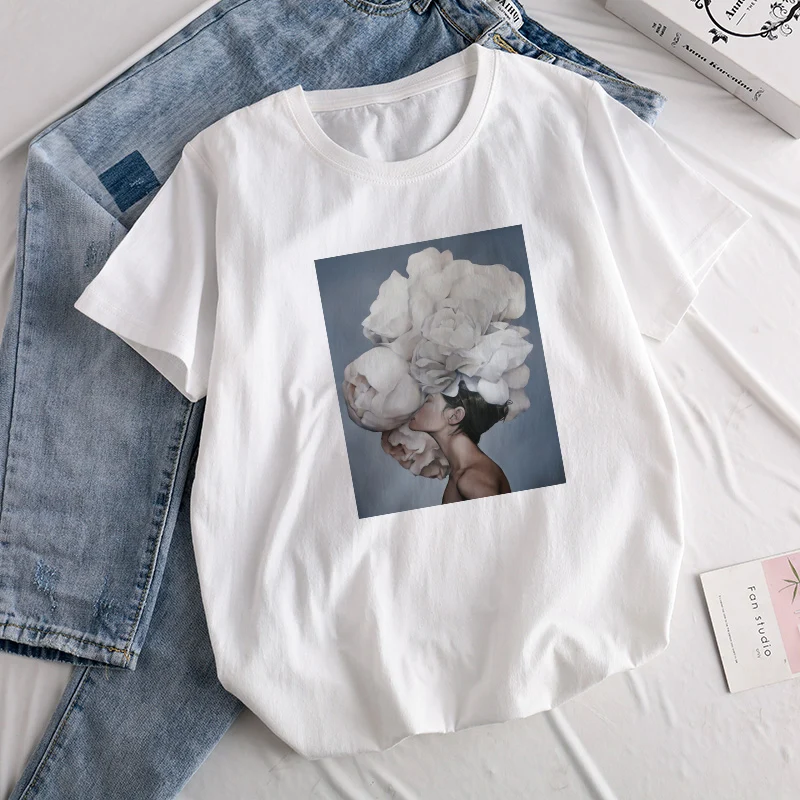 

Aesthetics Sexy Flowers Feather Print Harajuku Tops Tees New Summer Fashion Retro kawaii Casual Sweet Lady Short-Sleeve T-Shirt