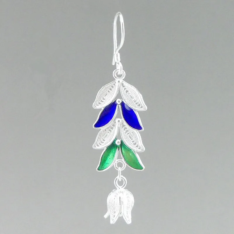 

Women's Earings Enamel Flower Wheat Girls Earrings Blue Dangle Drop Earings 999 Sterling Silver Jewelry 2019 Fashion