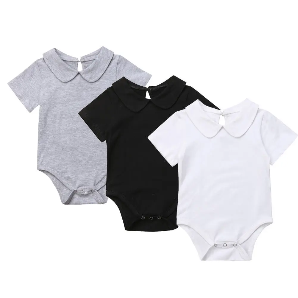 

Newborn Infant Baby Girls Boys Casual Bodysuits 3 Colors Short Sleeve Peter Pan Collar Solid Cotton Jumpsuits Bodysuits 0-1Y
