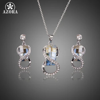 

AZORA Wedding & Engagement Jewelry for Women White Gold Color Big Blue Crystal with Necklaces & Earring Jewelry Sets Gift TG0236
