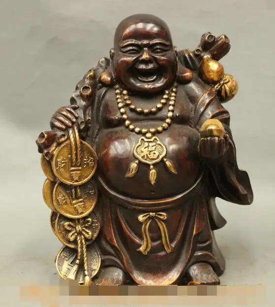 

S03332 11" Chinese Bronze Gilt Buddhism Wealth Gourd Happy Laugh Maitreya Buddha Statue (B0328)