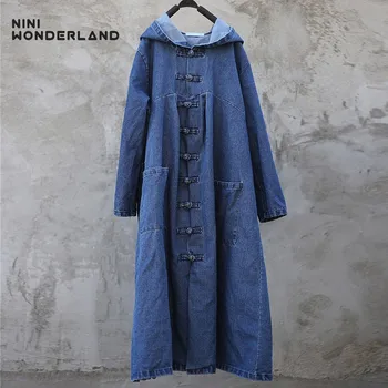 

NINI WONDERLAND Autumn Hooded Denim Trench Coat Women Cowboy Cardigan Coat Female Classic Big Size Spring Long Casual Outerwear