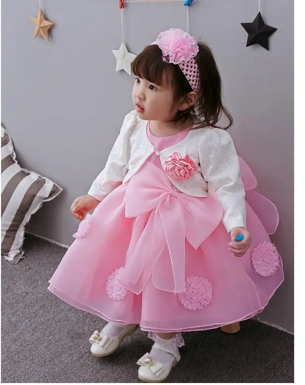 

Baby Girl's Pageant Suits 2017 Summer Flower Bow Christening Dress+Headband+Coat Infant 3PCS Sets Kids Birthday Formal Outfits