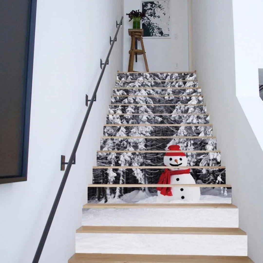 PVC 6 Pcs 3D Christmas Tree Snowman Self-adhesive Stair Stickers Xmas Home Decor