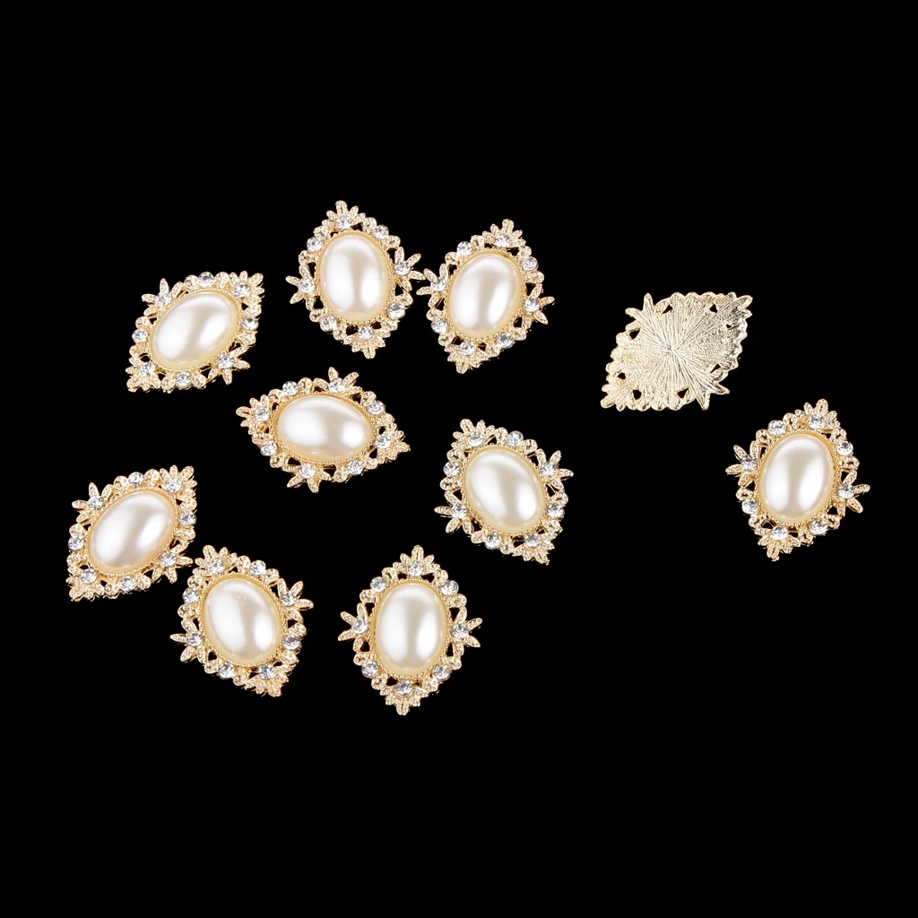 Phenovo 10 Pearl Oval Rhinestone Button Flatback Embellishment Craft Gold