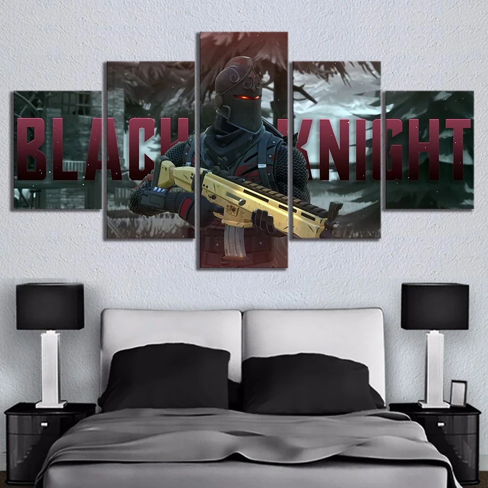 

5 Piece Canvas Paintings Black Knight Fortnight Battle Royale Game Poster HD Wall Pictures for Living Room Wall Decor