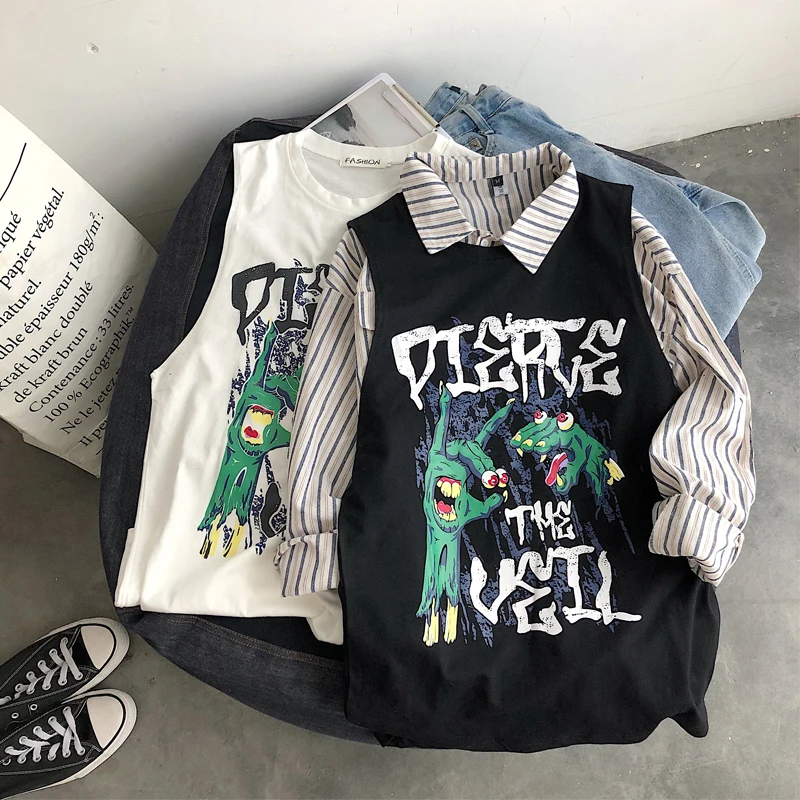 

Men's vests new 2019 summer monoque print sleeveless couple vests loose casual round collar individuality youth men's wear