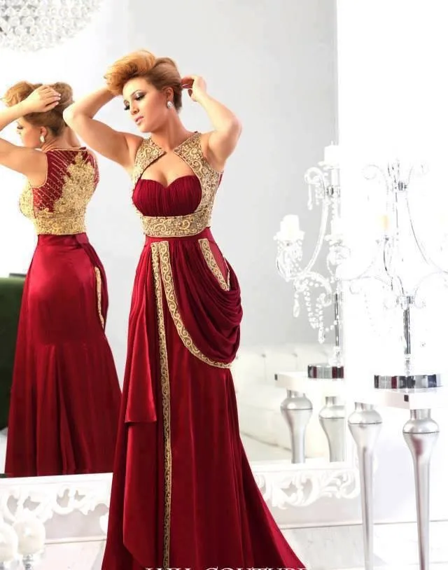 Dark Red Mermaid Dubai  Arabic Evening Dress  With Gold 