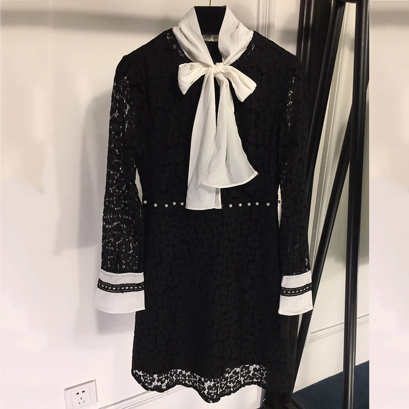 Avec Femme Marque Manches Pics Blanc Robes Robe Noire Pleine Bureau Femmes Tie Bow Européenne As 2019 De Mini Col YUrYqB