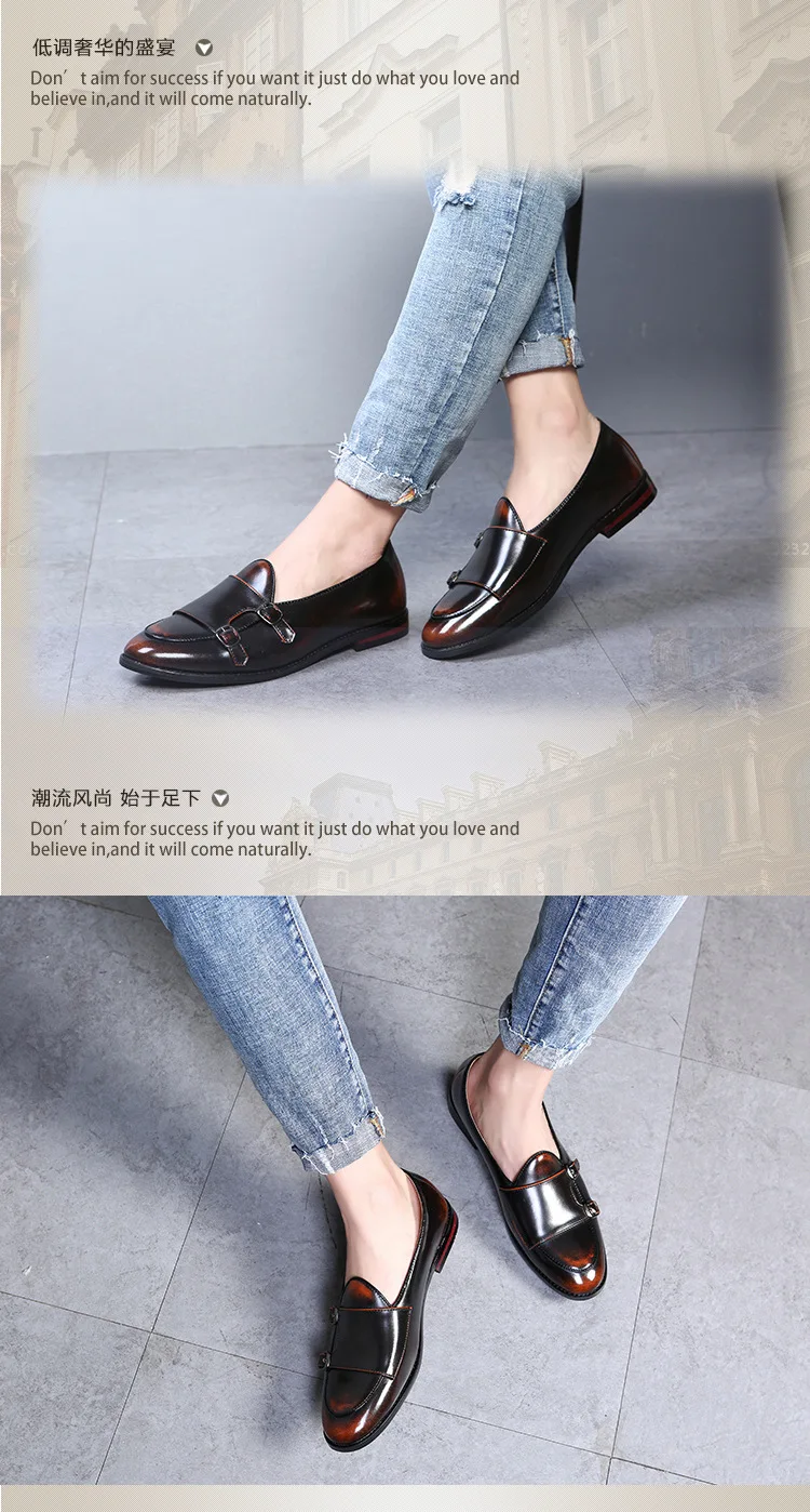 Men PU Leather Loafers Metal Buckle Pointed Toe Shoes Retro Luxury Shoes Men Party Dress Formal Wedding Shoes Zapatos De Hombre