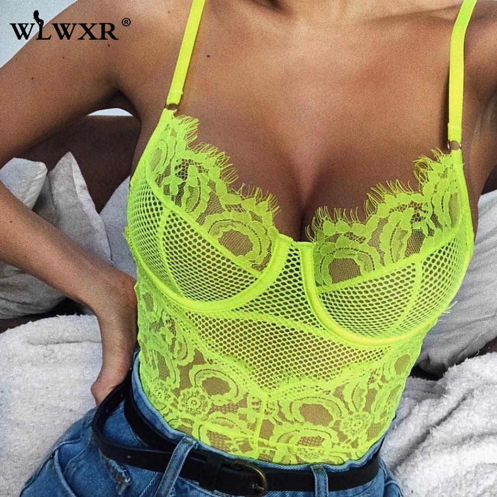 

WLWXR Hollow Out See Through Bodycon Lace Bodysuit Women Romper Green Backless Straps Transparent Mesh Summer Tops Sexy Bodysuit