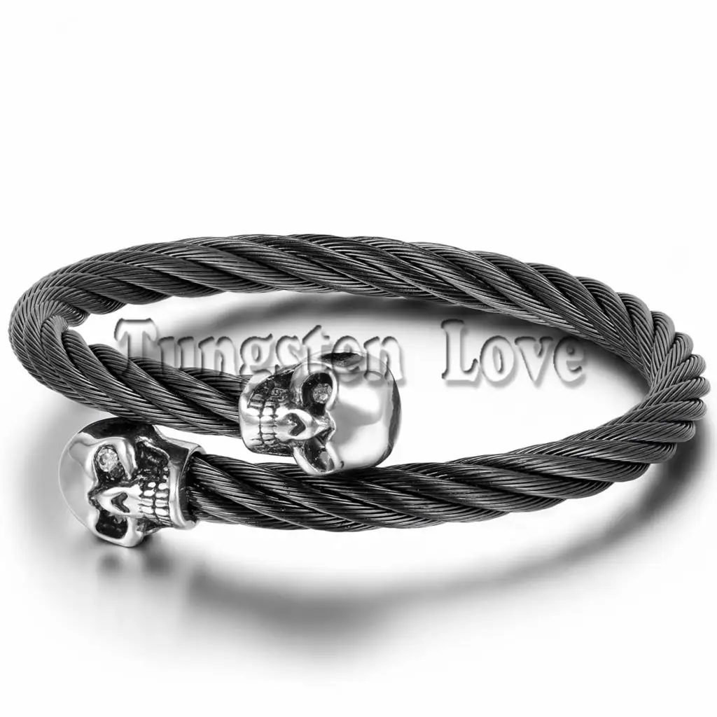 Fashion Cool Mens Skull Bangle Bracelet Stainless Steel Twisted Fashion Cool Mens Skull Bangle Bracelet Stainless Steel Twisted Cable Cuff Black Elastic Adjule 9 8 Pulsera Hombre In Bangles From Jewelry
