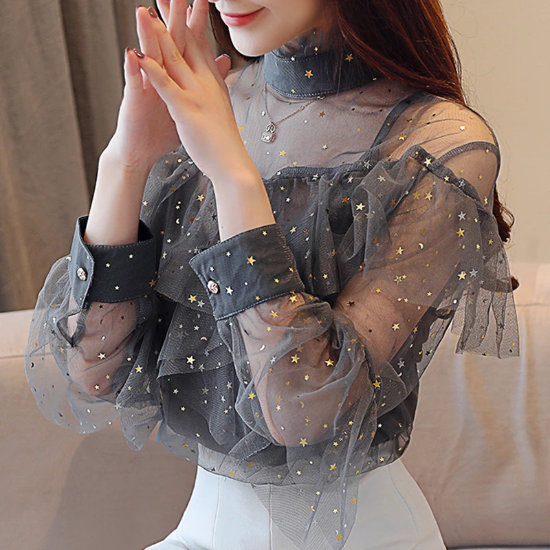 

Korean fashion brands Women's Clothing Blouses perspective lace chiffon shirts two pieces ruffles turtleneck tops autumn new