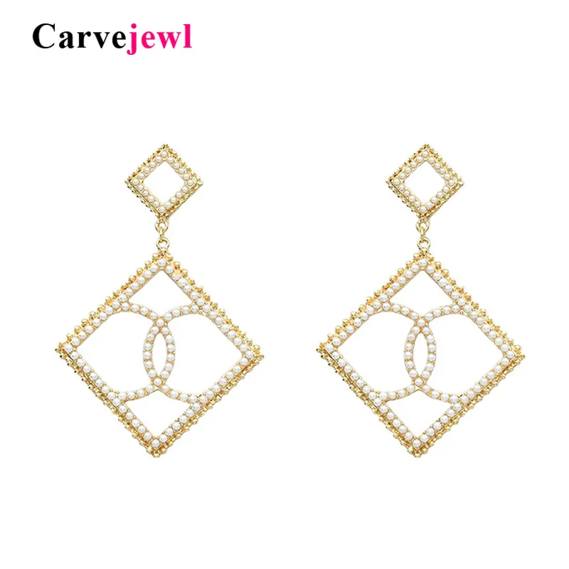 

Carvejewl double square drop dangle earrings Letter C unique geometric series crystal rhinestone simulated pearl earring jewelry
