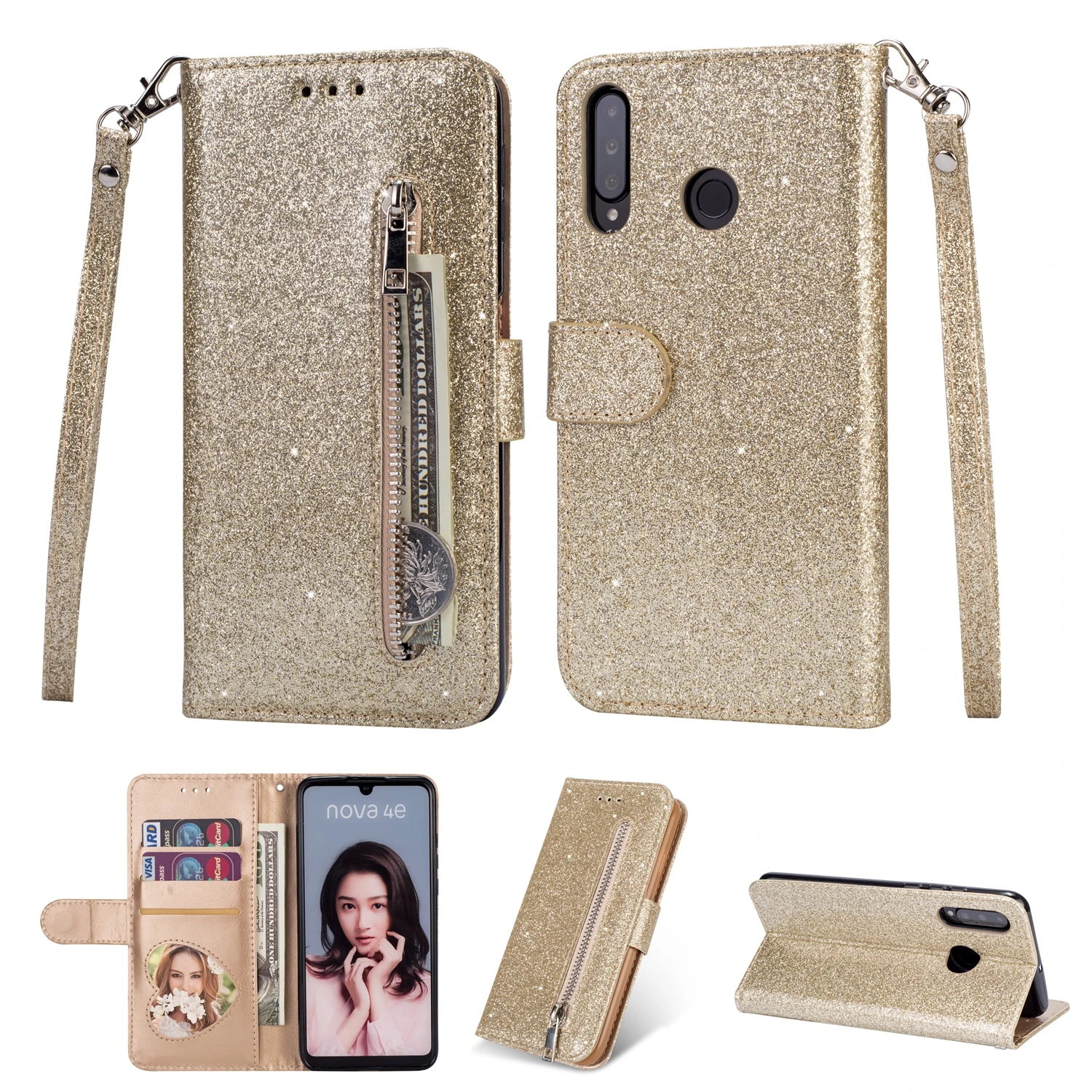 

Zipper Wallet Leather Case for Huawei P20 Pro P20 Lite Mate10 Mate20 Pro Lite Glitter with Card Slot Multifunctional Flip Cove