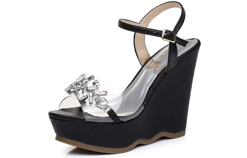 39_2016 New Gold Platform Wedges Sandals Female Summer Sandal Silver Heels Rhinestone Buckle Transparent Casual Shoes For Woman
