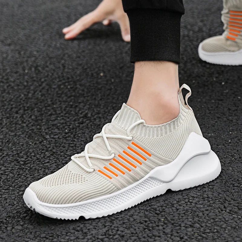Thestron Summer Casual Shoes Men Fly Wire Breathable Walking Shoes Mens Beige Black Men Knit Shoes Designer Boy Sneakers