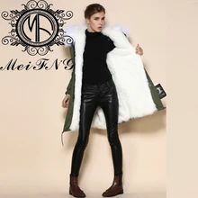 Для женщин Белый Зимняя одежда теплый с капюшоном Подкладка длинным мехом парка кроличий мех пальто