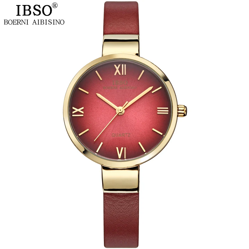 

IBSO Top Brand Fashion Red Watch Women Genuine Leather Band Women Watches 2017 Analog Quartz Wristwatch Waterproof Montre Femme