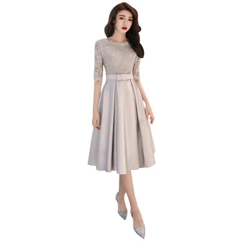 

2019 New Spring Korean Style Evening Dress O-neck Half Sleeve Silver Slim Prom Party Dresses Sashes Bow Tea Length Haute Couture