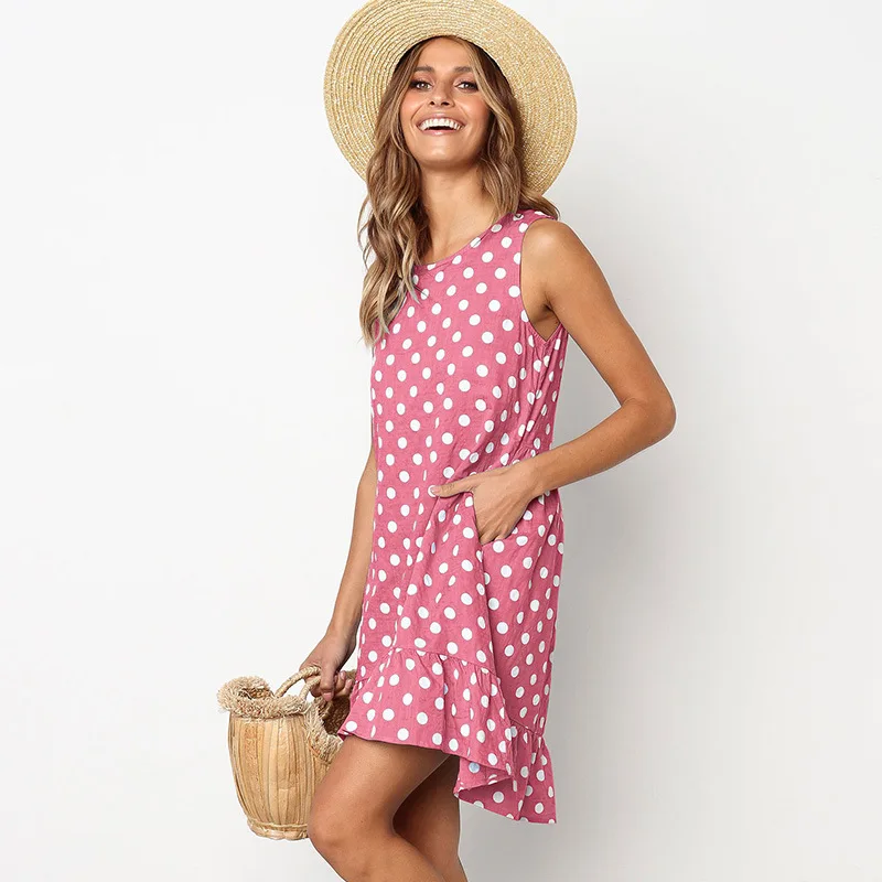 

2019 New Arrival Summer Women Dress Casual O-neck Sleeveless Wave Point Dresses Women Loose Style Ruffles Mini Dress Pink Color