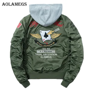 

Aolamegs Jackets Men Poker Embroidery Badge MA1 Jacket Tracksuit Coats Hip Hop Stand Hat Detachable Male Windbreaker Streetwear