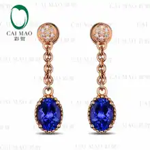 CaiMao 14KT/585 Rose Gold 2.03 ct Natural IF Blue Tanzanite AA 0.06ct Full Cut Diamond Engagement Gemstone Earrings Jewelry