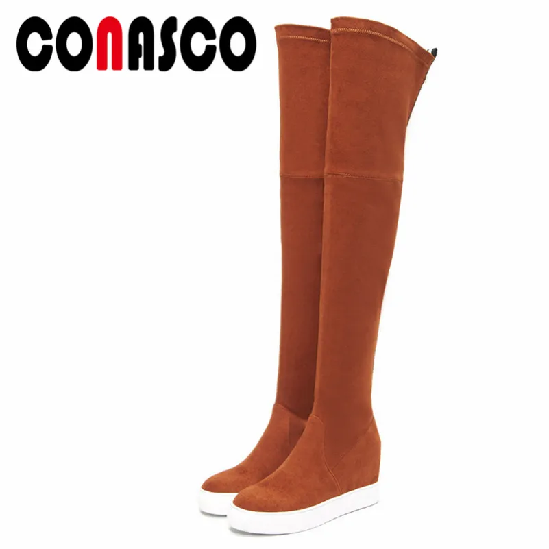 

CONASCO Women Over The Knee High Boots Wedges High Heels Round Toe Long Warm Winter Shoes Woman Sexy Tight High Boots