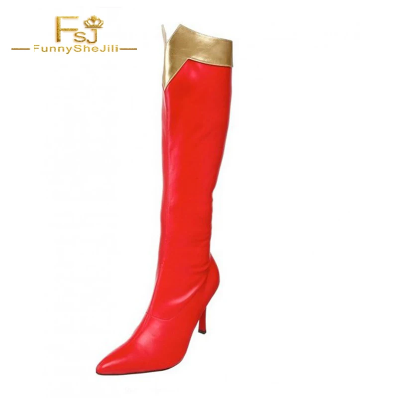 

Wonder Women Red&Golden Patent Leather Stiletto Heels Knee-high Boots for Halloween Metal Decoration Fashion Cosplay FSJ Party