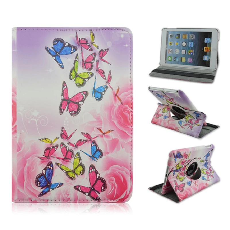 

Foldable PU Leather Pad Cover with Pink Butterfly Style Support 360 Degrees Rotation for iPad mini 1 2 3