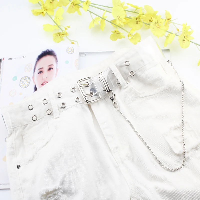 

Female Transparent PVC Clear Belt For Women Designer Harajuku Girls Cute Punk Dress Jeans Chain Two Row Grommet Belts 153