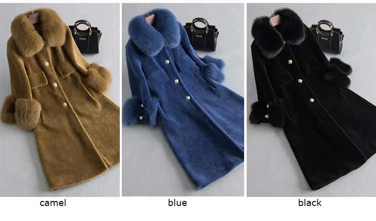women natural sheep fur coat with real fox fur collar (3)