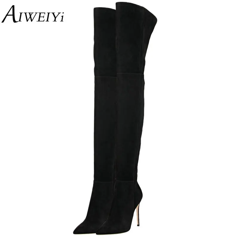 

AIWEIYi Fashion Designer suede leather thigh high boots high heels women stretch over the knee boots autumn winter shoes