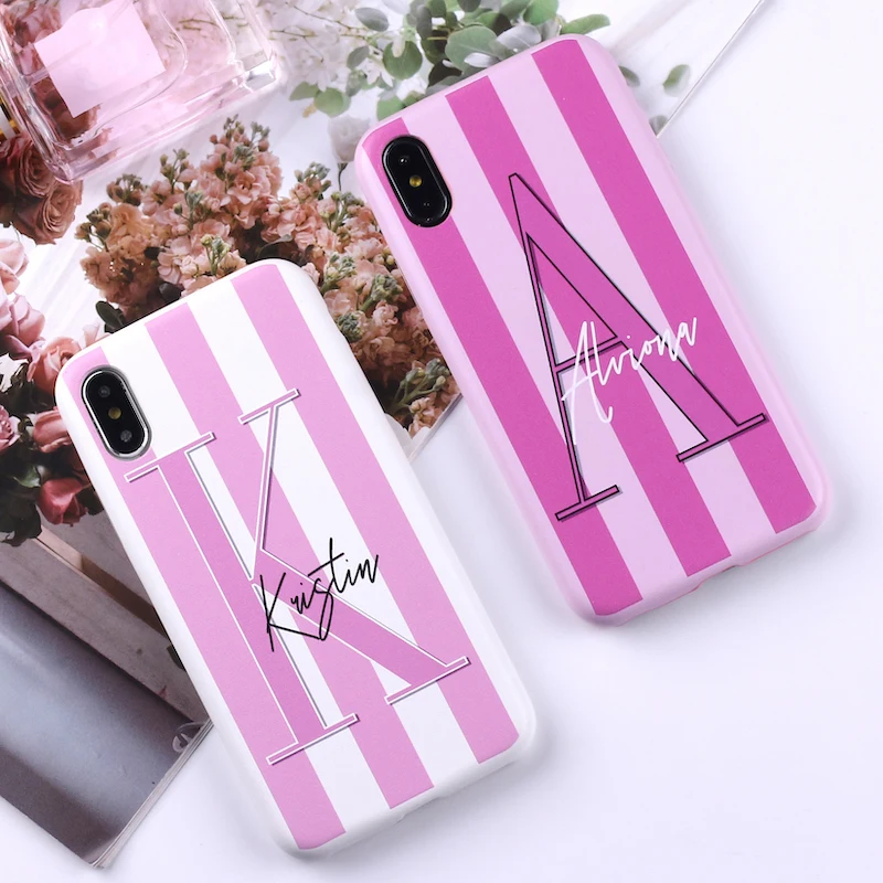 

Sexy Pink Lips Custom Personalized Initial Name Striped PU Leather Phone Case Cover For iPhone X 6 XS Max 7 7Plus 8 8Plus 5 SE