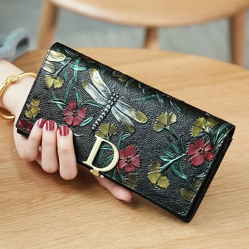 LUCDO кошелек из натуральной кожи женский модный винтажный кошелек с розами роскошный брендовый Кошелек для монет женский клатч, Длинный кошелек - Цвет: dragonfly