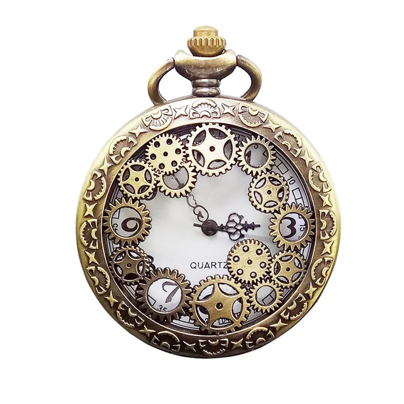Античная Медь стимпанк кварцевые карманные часы Винтаж бронзовая шестеренка полые Цепочки и ожерелья Подвесные часы с цепочкой Для