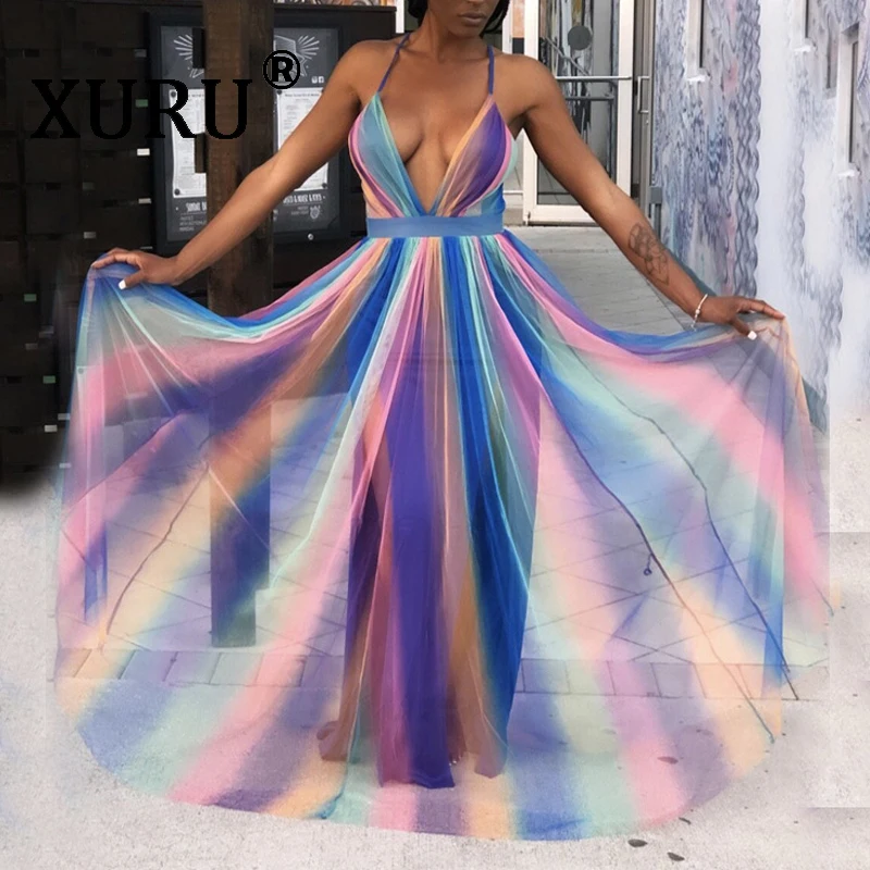XURU летнее Новое богемное шифоновое длинное платье, сексуальное платье на бретельках с v-образным вырезом на спине, шифоновое платье свободного кроя с градиентом
