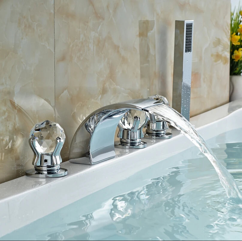 moderno tre cristal maniglie vasca da bagno vasca miscelatore rubinetto set con doccetta diffuso 5 fori