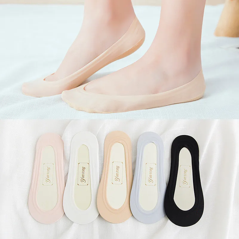 

5pairs Spring Summer Women's Ice Silk socks Slippers Boat Socks Non-slip Silicone Cotton Bottom Socks Women Invisible socks