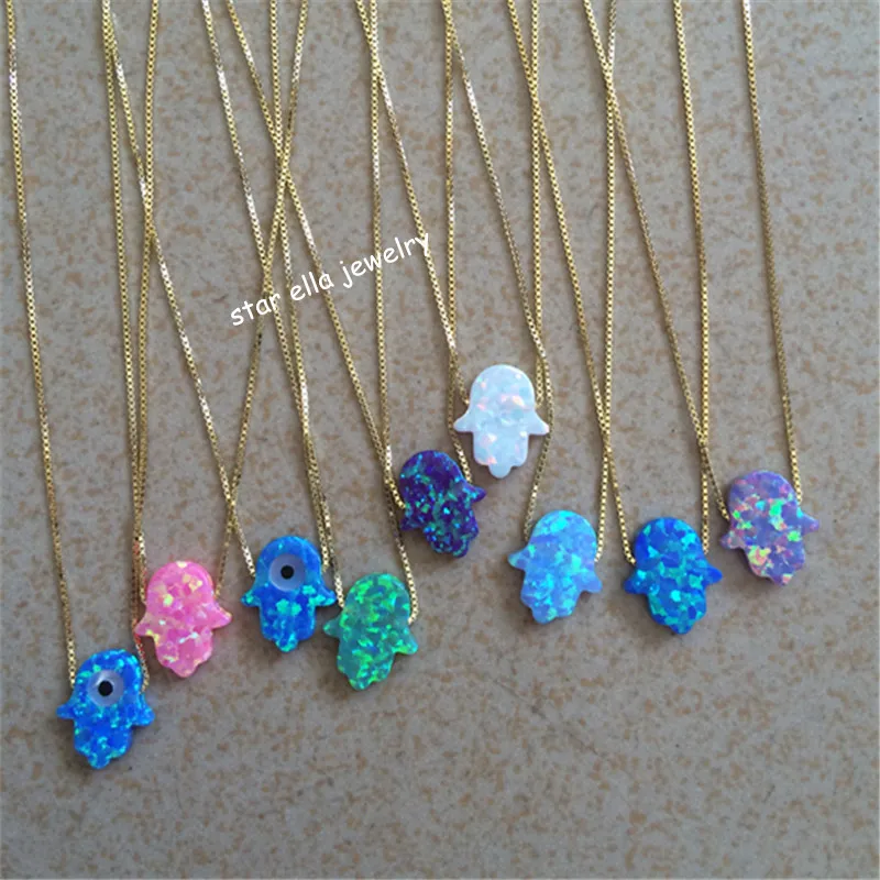 

1pc 925 Sterling Silver Box Chain Synthetic Opal Fatima Hand Nekclace Opalo Hamsa Necklace for Gift