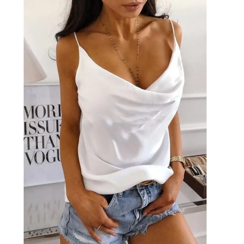 

2019 Summer Top Women Camis Silk Satin Halter Top Women Camisole Style Sexy Sleeveless Vest Slim White Tops Roupas Femin