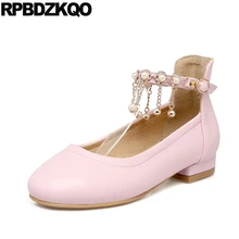 Большие размеры, туфли на низкой подошве на заказ, японские жемчужные туфли с ремешком на лодыжке, без застежки, розовые женские туфли, г. красивые женские туфли с металлическим бриллиантом круглый носок